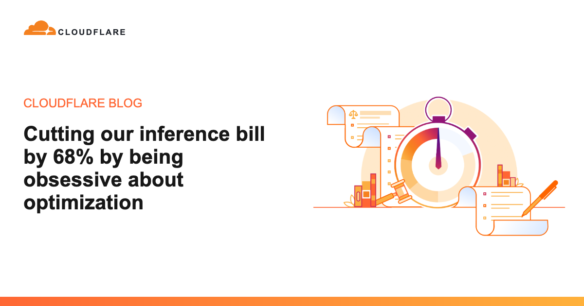 Cloudflare blog artwork: a large stopwatch with a gavel, books and paper scrolls beside the title about cutting the inference bill by 68%.
