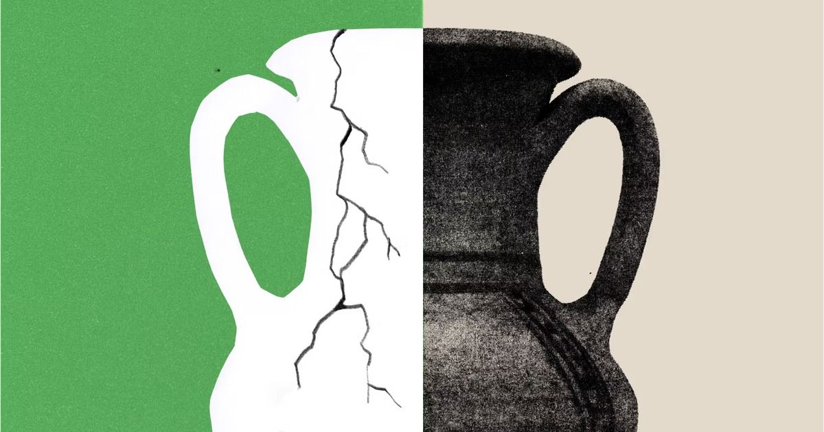 A cut-paper jug split down the middle: a cracked white jug on green on the left, a dark speckled jug on beige on the right.