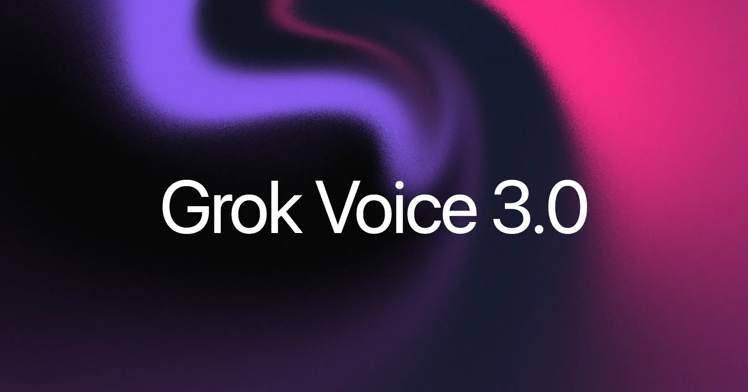 The Grok Voice 3.0 launch artwork: the model's name in white over a dark field with soft violet and pink gradients