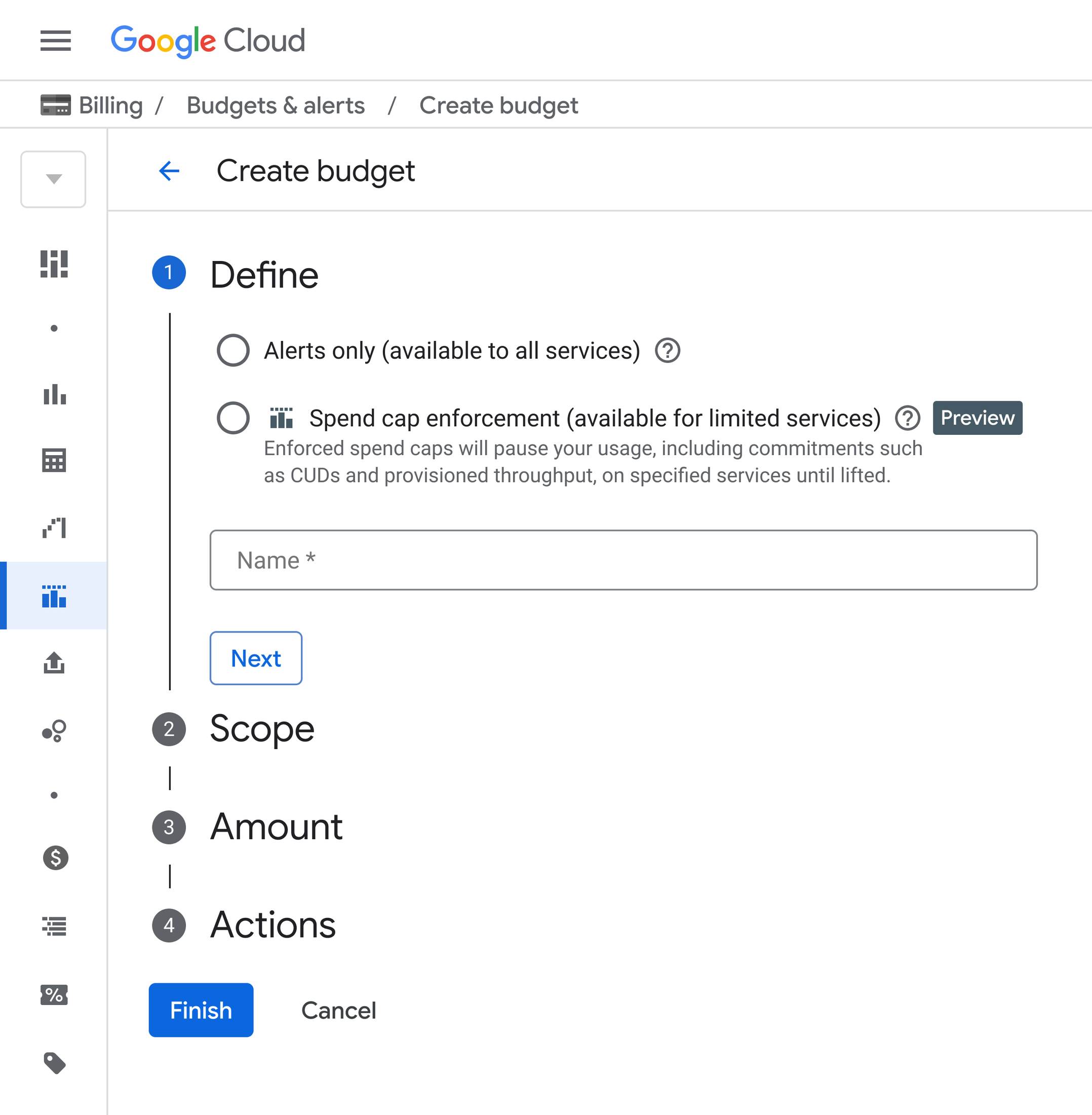 Google Cloud console Create budget form, step Define, offering Alerts only or Spend cap enforcement, the second marked Preview, with a Name field.