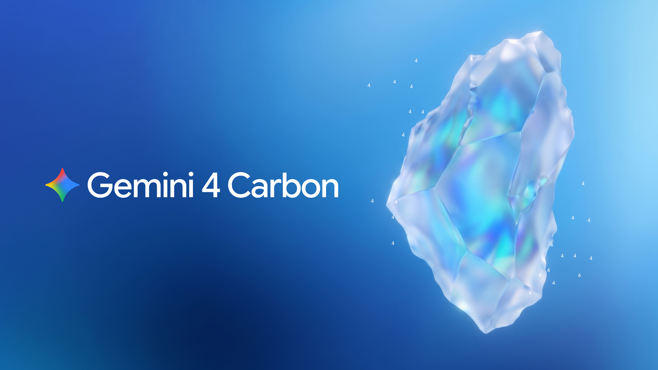 The Gemini 4 Carbon launch artwork: the model name beside a translucent, faceted crystal on a blue field