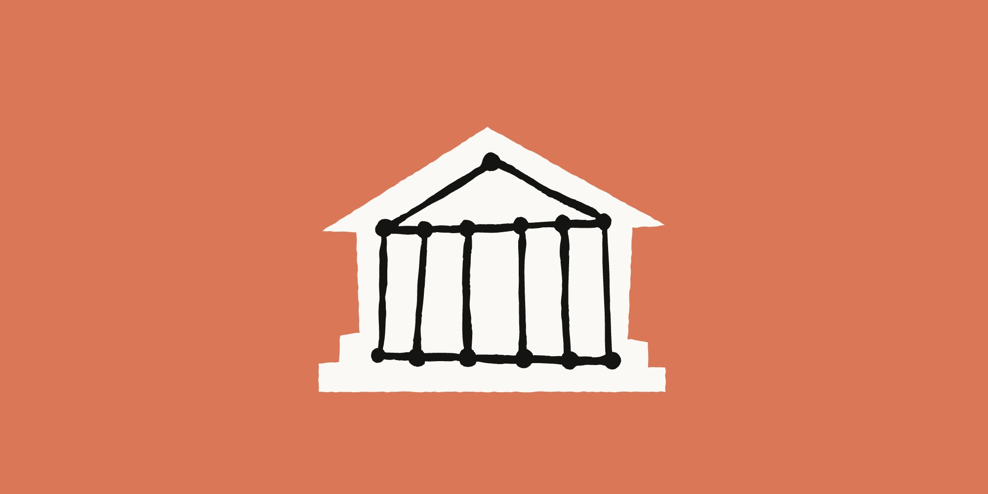 Hand-drawn columned government building, its pillars joined by dots and lines, in black and cream on a terracotta background.