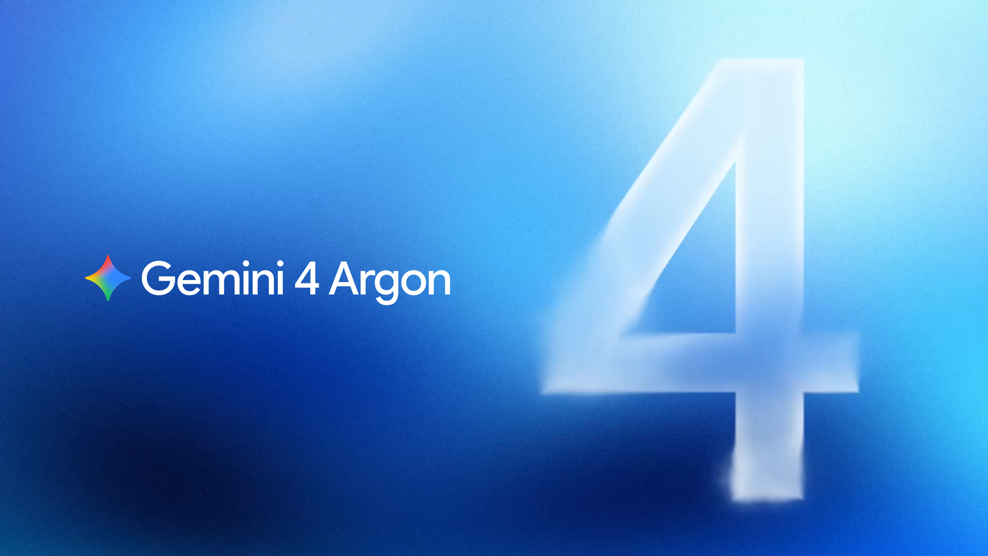 Gemini 4 Argon launch artwork: the model's name beside a large soft white numeral 4 on a blue gradient