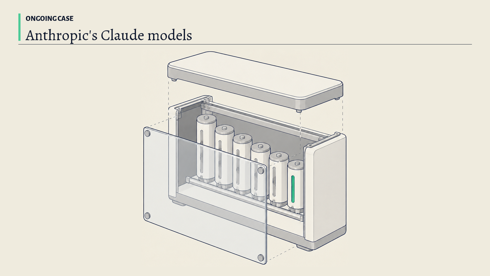 Illustration: A glass-fronted cabinet with a row of sealed canisters on a rail; the green indicator strip stands for the one thing that keeps changing from release to release.