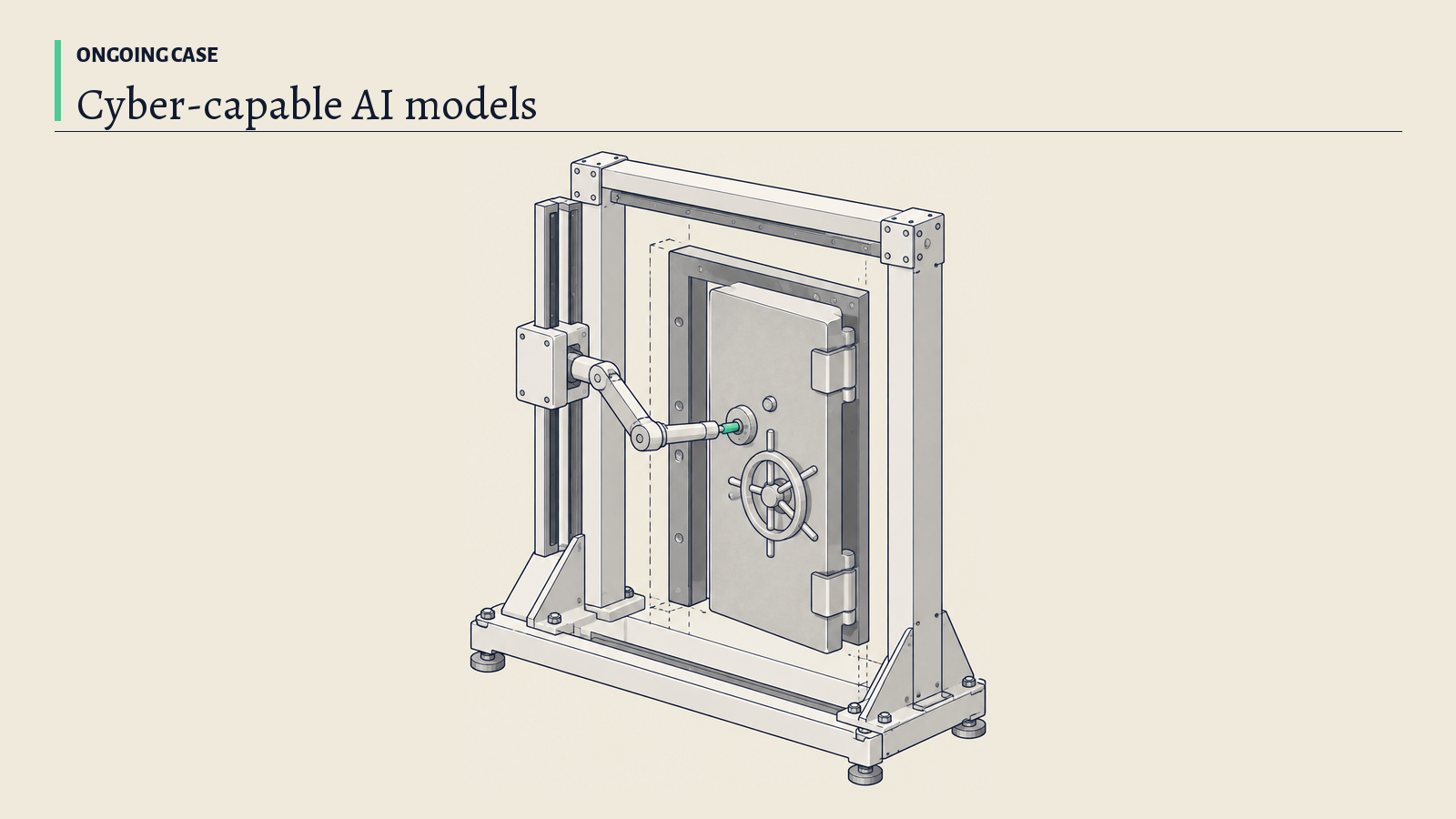 Illustration: A steel test frame with a vault door and a probe arm on a track; the green probe tip stands for the capability being tested against locks.