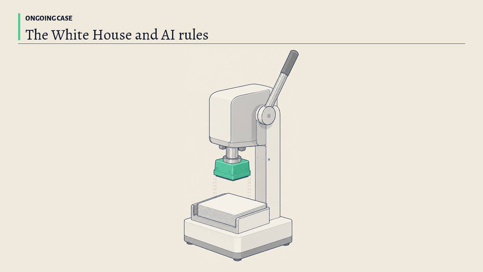 Illustration: A stamping press with a tray of blank sheets and a side lever; the green stamp head stands for the rules being set and pressed onto everything beneath.