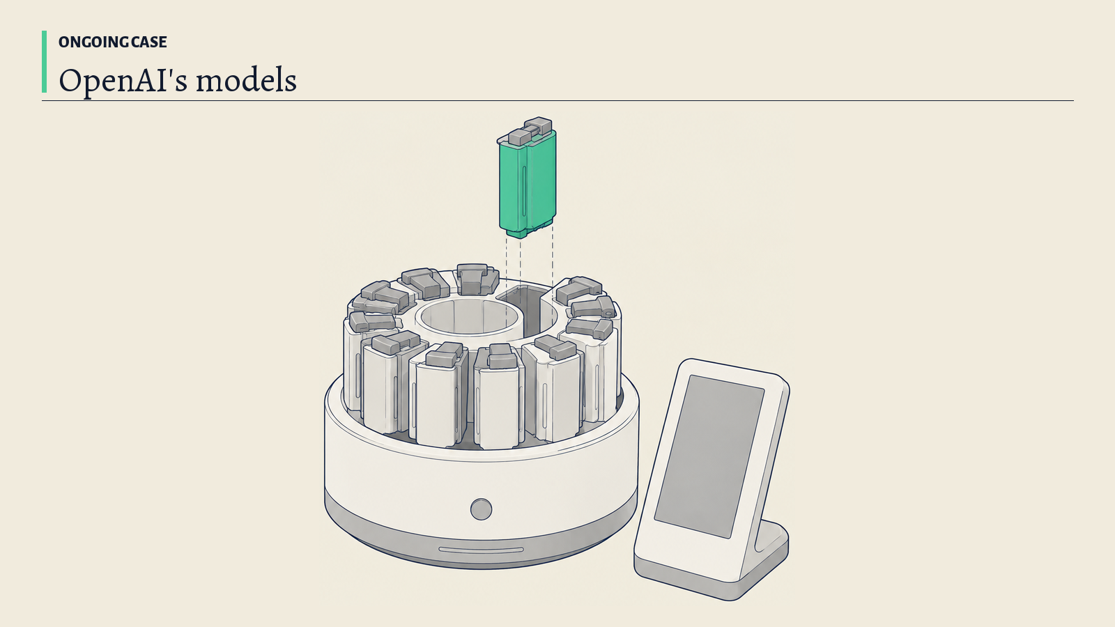 Illustration: A rotating plate holding a ring of sealed cartridges beside a small read-out stand; its green cartridge in the active slot stands for the model that keeps changing.