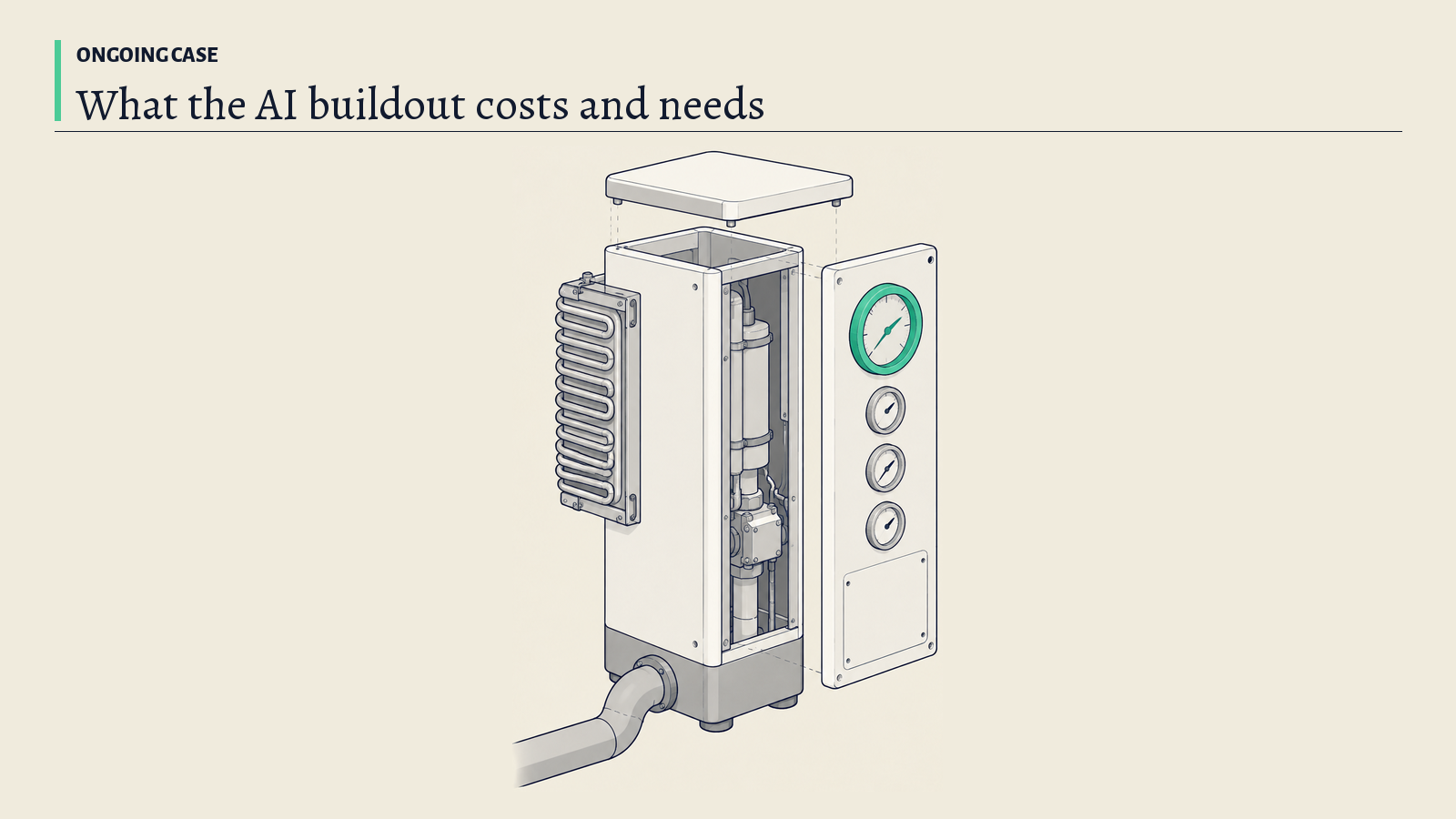 Illustration: A utility meter cabinet with a thick supply pipe, a side cooling coil and a row of gauges; the green gauge stands for what the buildout draws and costs.