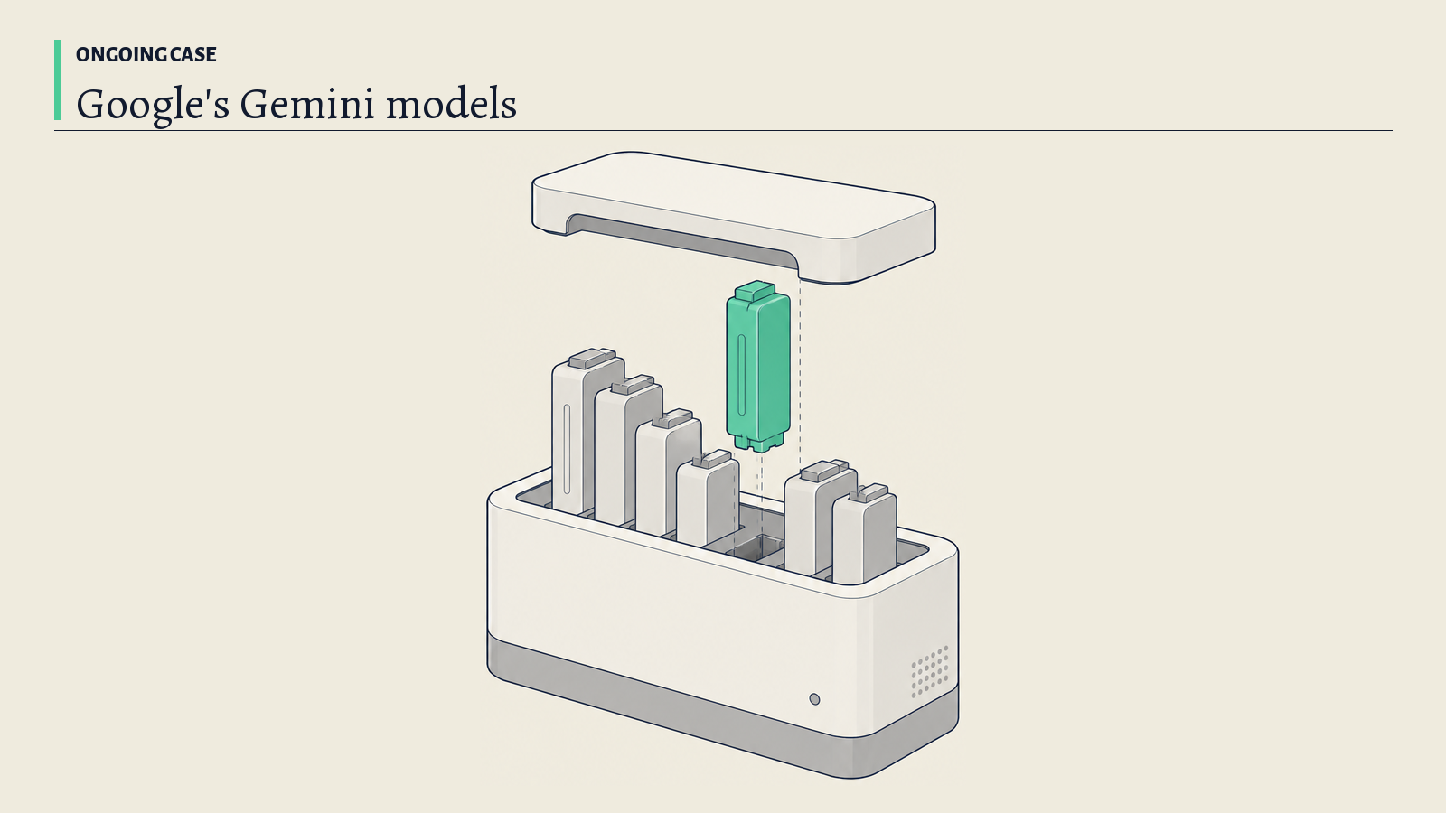 Illustration: A white bench-top dock holding a row of interchangeable cartridges; the green cartridges stand for a model family that keeps changing.