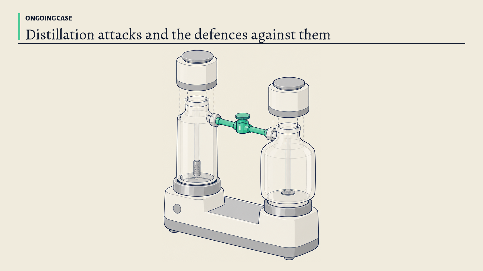 Illustration: A white laboratory still with two vessels joined by a thin pipe; the green pipe and valve stand for what is drawn out of one model and what stops it.