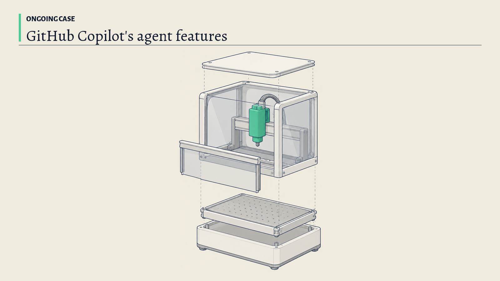 Illustration: A white workshop bench with a clear enclosure around a small power tool; the green tool stands for a coding agent whose abilities and limits keep changing.