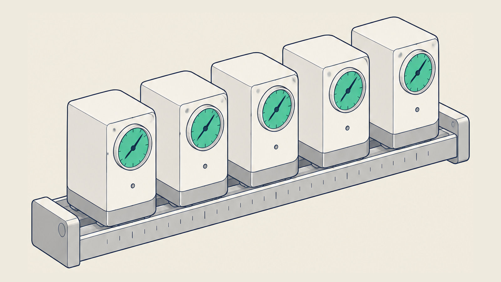 Illustration: A row of matte-white benchtop units lined up along a measuring rail, each with a round dial on its front; the green dials stand for price.