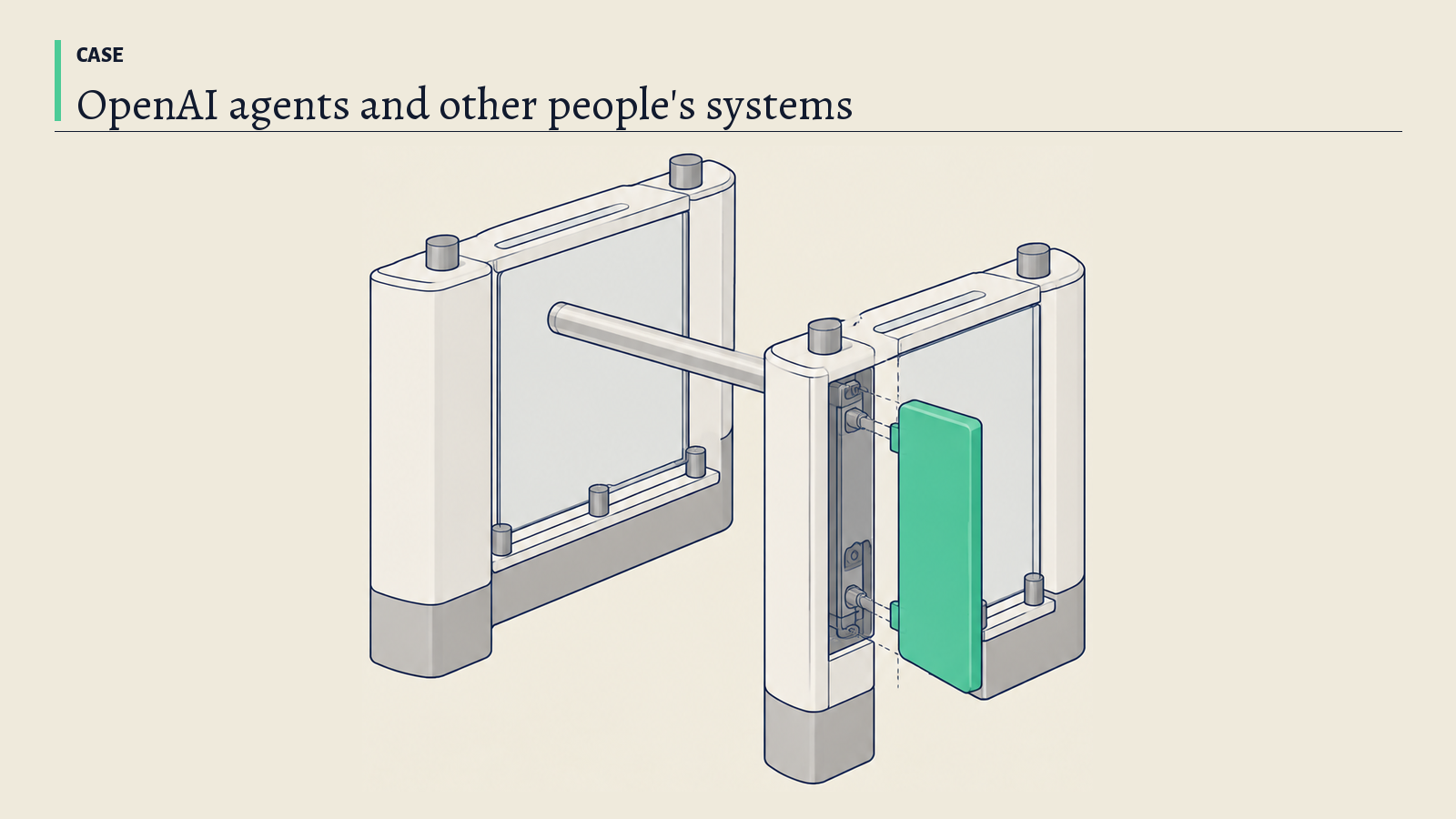 Illustration: An access gate with a turnstile arm and sealed posts on a rail; its green latch panel stands for a boundary an agent crossed uninvited.