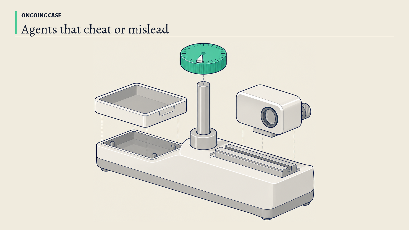 Illustration: A bench test jig with a sample tray, a scoring dial and an inspection lens; its green dial stands for a score that rises without the task done.