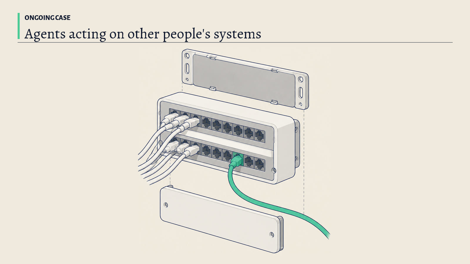 Illustration: A wall-mounted patch panel with rows of sockets and short cables; its green long cable stands for an agent reaching into a system it was not meant to touch.