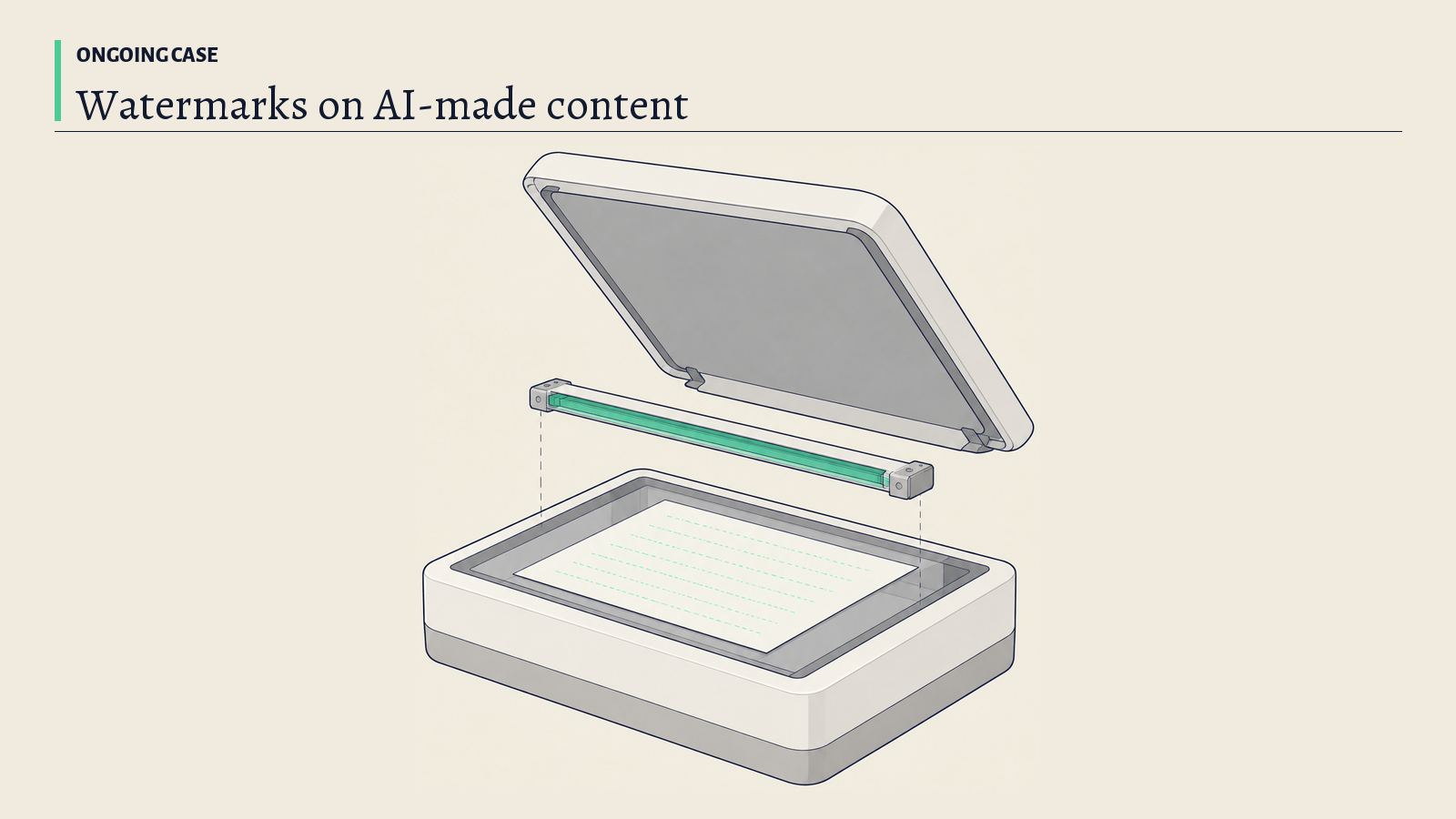 Illustration: A flatbed scanner with its lid open and a blank sheet on the glass; its green light bar reveals a hidden pattern in the paper.