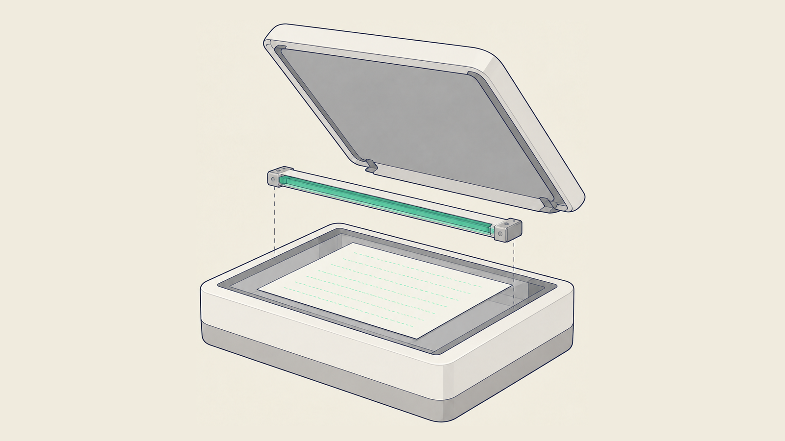 Illustration: A flatbed scanner with its lid open and a blank sheet on the glass; its green light bar reveals a hidden pattern in the paper.