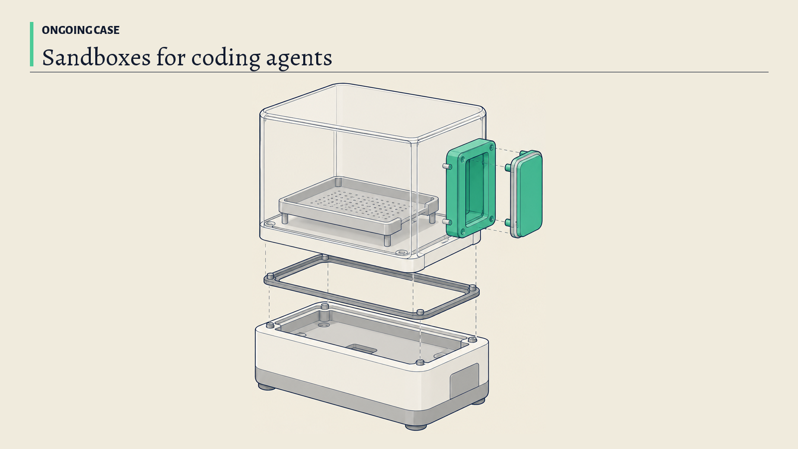 Illustration: A sealed clear-walled chamber on an aluminium base with a small hatch and a work tray inside; the green wall and hatch stand for keeping work apart.