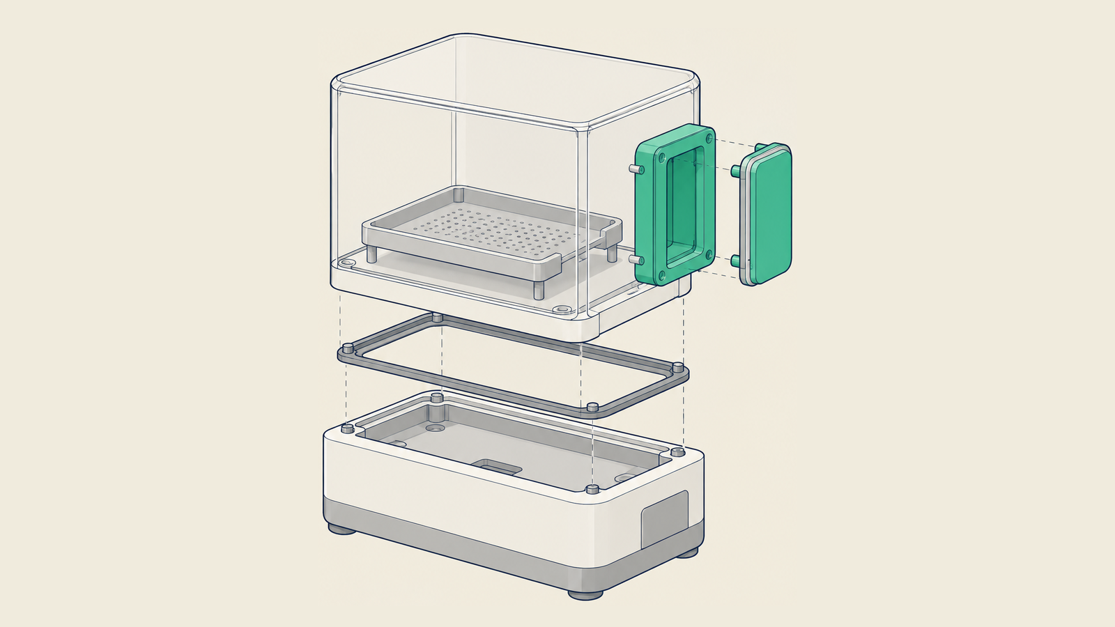 Illustration: A sealed clear-walled chamber on an aluminium base with a small hatch and a work tray inside; the green wall and hatch stand for keeping work apart.