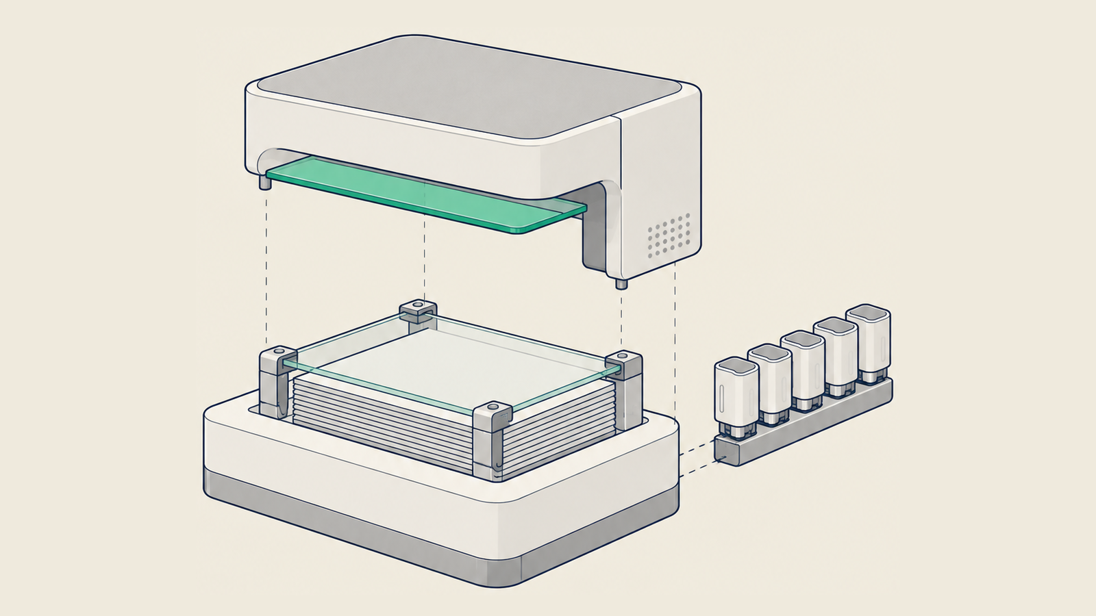Illustration: An inspection bench with a stack of sheets under a clamped glass plate; the green plate stands for the check that decides whether a written proof holds.