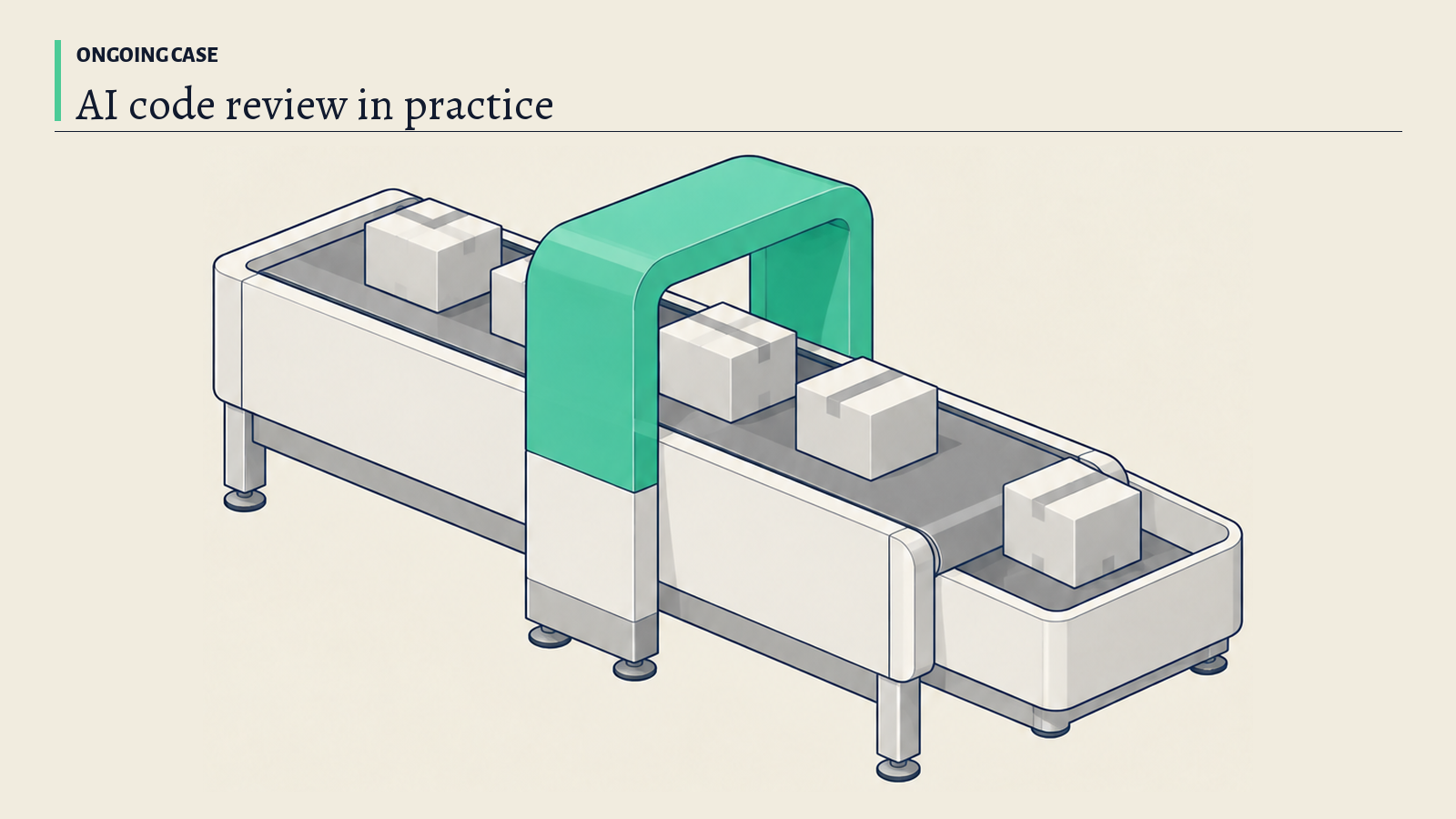 Illustration: A conveyor with sealed parcels passing under an arched scanner; the green scanner stands for the review step each change goes through.